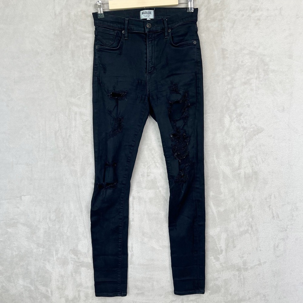 AGOLDE Sophie High Rise Moonstruck Denim Black Jeans Distressed‎ Skinny Size 27